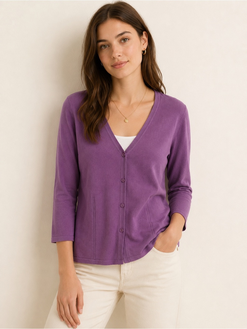 George Purple Violet Rayon Blend Button Front Cardigan M 3/4 Sleeve
